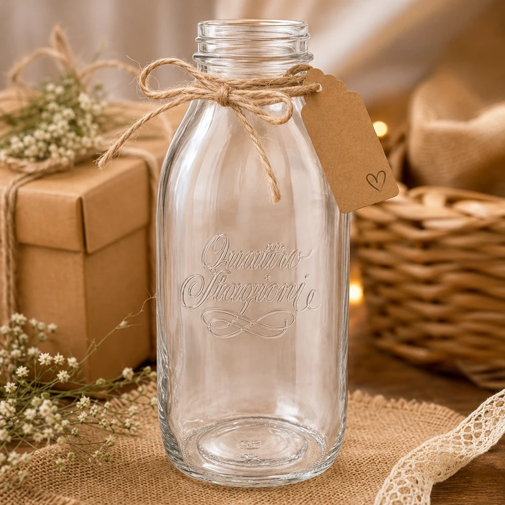 1000ml Glasflasche "Quattro Stagioni" QS56mm Quattro Stagioni 1000ml Weithalsflasche aus Glas mit Korkenverschluss und rustikaler Dekoration auf Holztisch