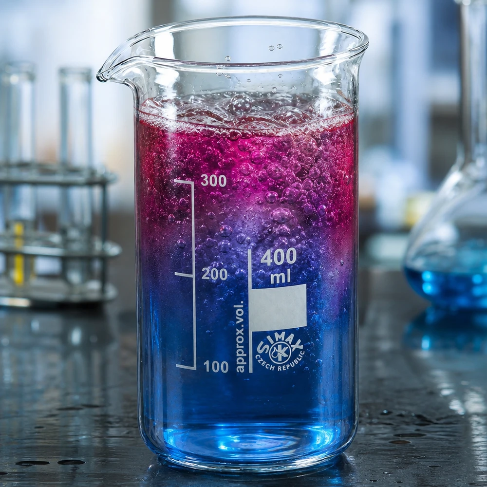 Becherglas 400 ml hohe Form Borosilikatglas mit farbiger Reaktionsflüssigkeit für professionellen Laboreinsatz