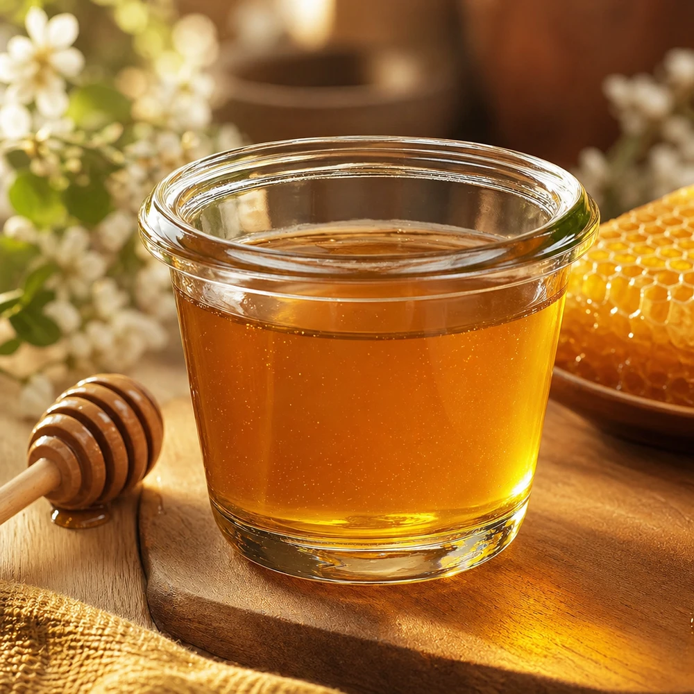 80ml WECK Gourmetglas RR60 mit goldgelbem Honig gefüllt neben Bienenwabe und Honiglöffel auf Holzbrett