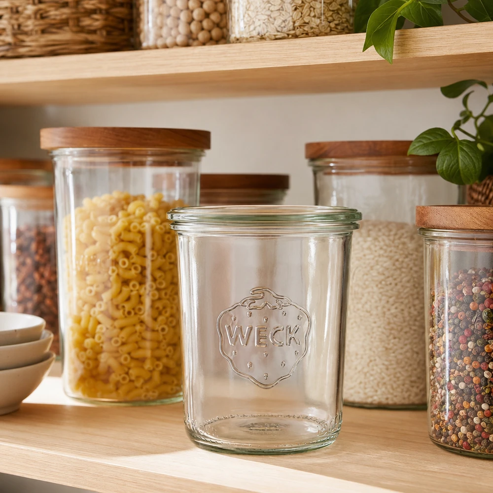 WECK Sturzglas 160ml RR60 leer in Pantry mit gefüllten Vorratsgläsern für Lebensmittel Aufbewahrung