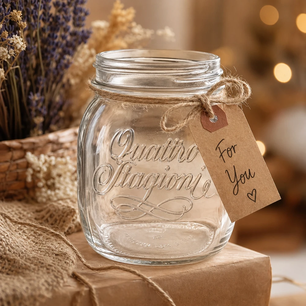 700ml Rundglas "Quattro Stagioni" QS86mm 700ml Quattro Stagioni Haushaltsglas mit Geschenkanhänger auf rustikalem Holztisch mit Lavendel Dekoration