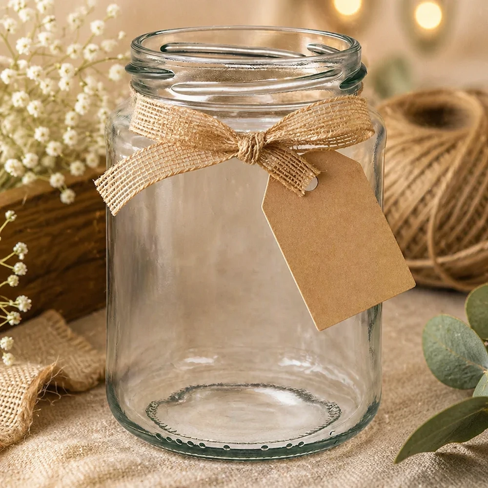 Leeres Rundglas 382ml mit TO66 Gewinde und brauner Schleife, rustikale Deko mit Jute und Blumen