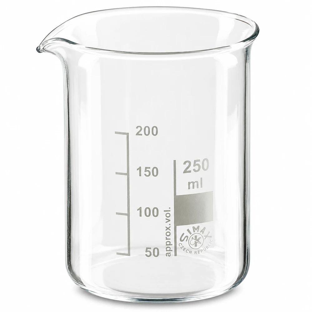 Becherglas 250ml Borosilikatglas, niedrige Form Becherglas 250ml aus Borosilikatglas niedrige Form für professionelle Laboranwendungen bei Pacadura.de