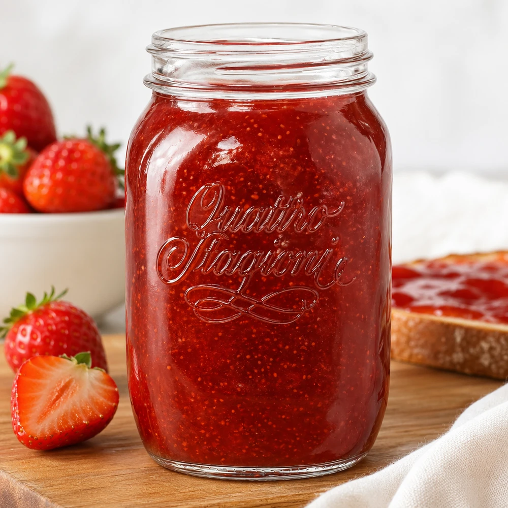 1000ml Rundglas "Quattro Stagioni" QS86mm Quattro Stagioni 1000ml Haushaltsglas gefüllt mit roter Erdbeermarmelade neben frischen Erdbeeren auf Holzbrett