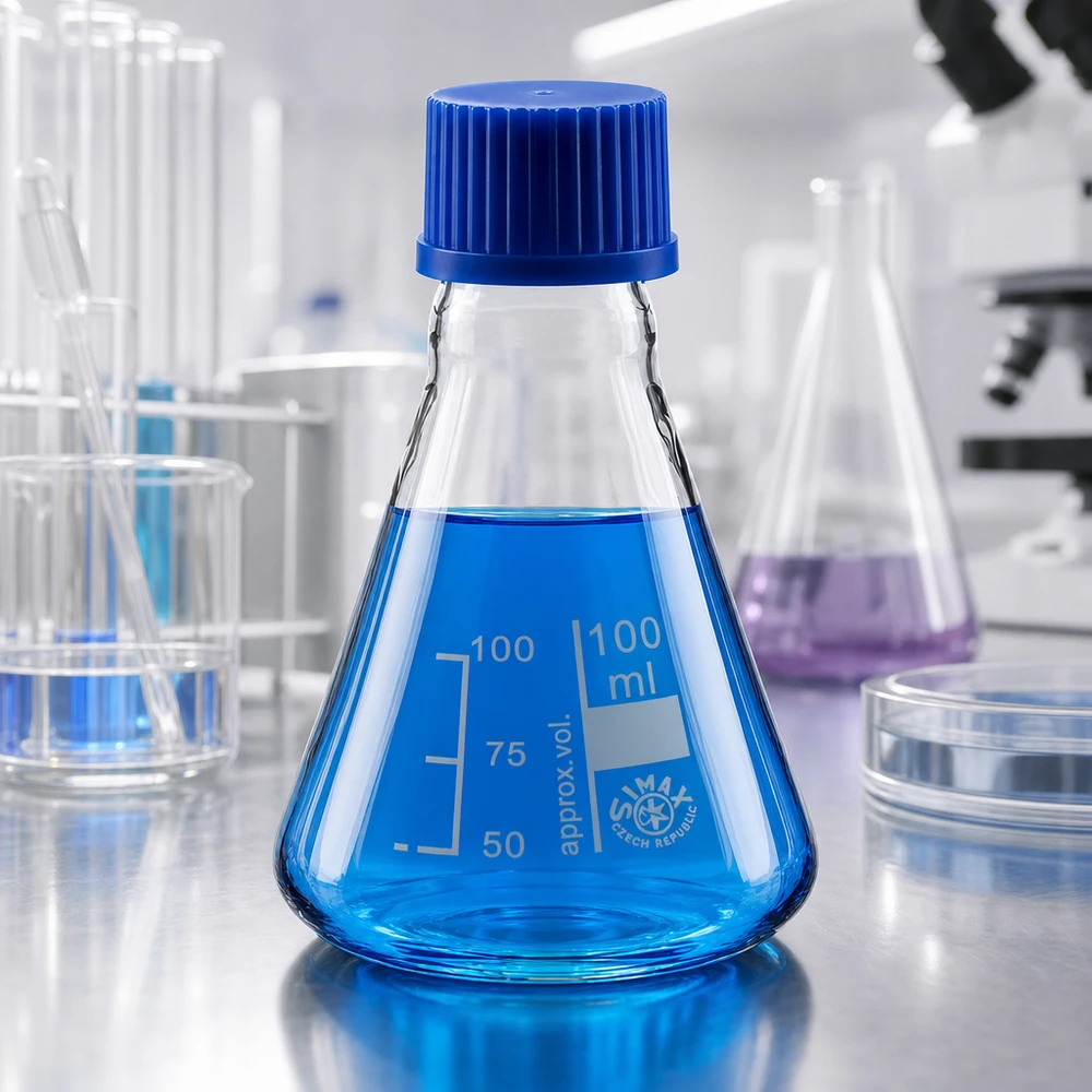 Erlenmeyerkolben 100ml mit Schraubkappe Erlenmeyerkolben 100ml Glas mit blauer Schraubkappe für Labor und Industrie bei Pacadura.de