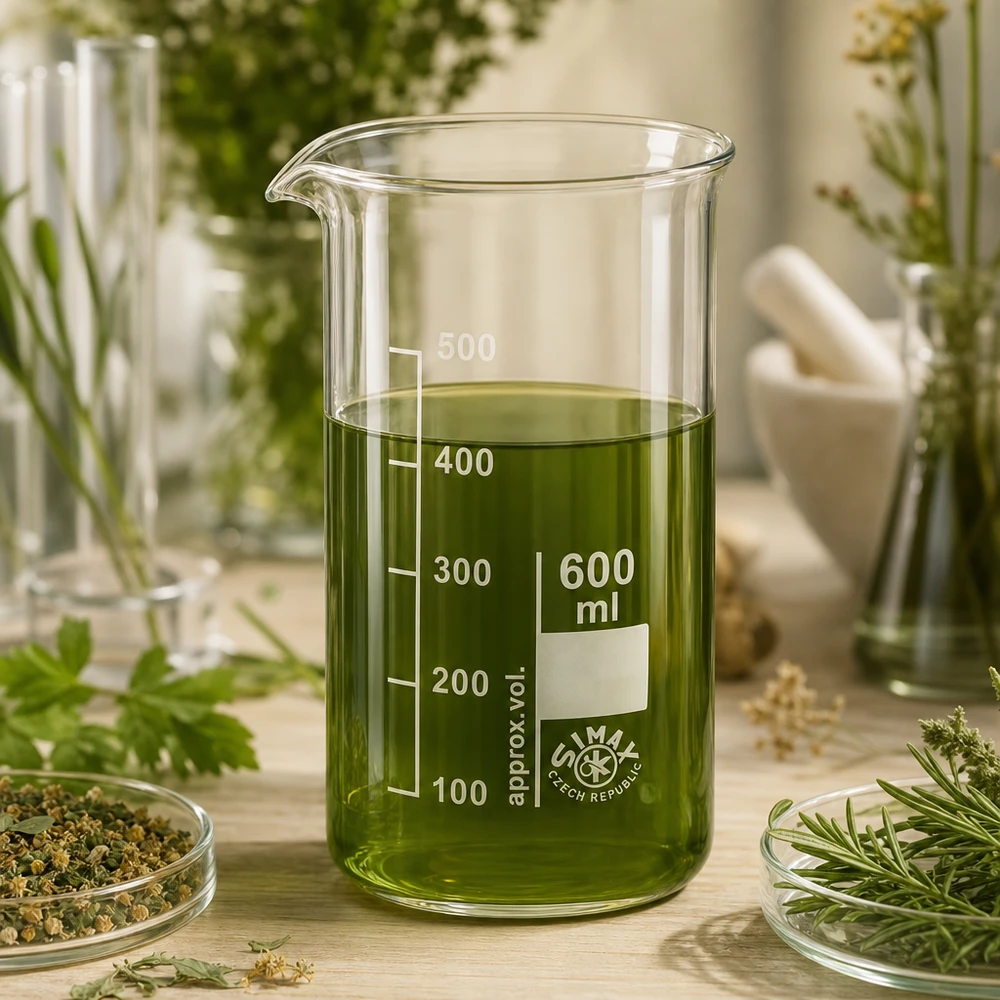 Becherglas 600ml hohe Form Borosilikatglas mit grünem Pflanzenextrakt im Labor Profi-Laborglas Pacadura