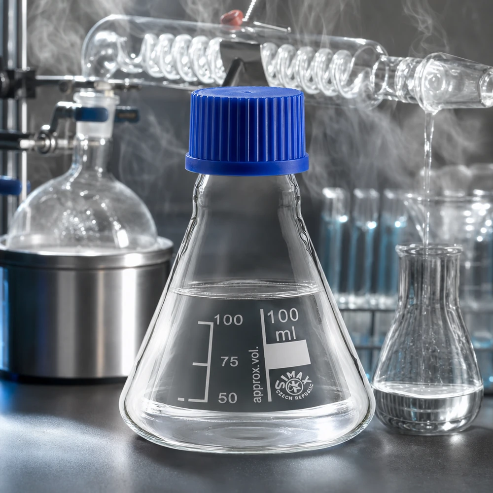 Erlenmeyerkolben 100ml Glas mit blauer Schraubkappe für professionelle Laboranwendungen bei Pacadura.de