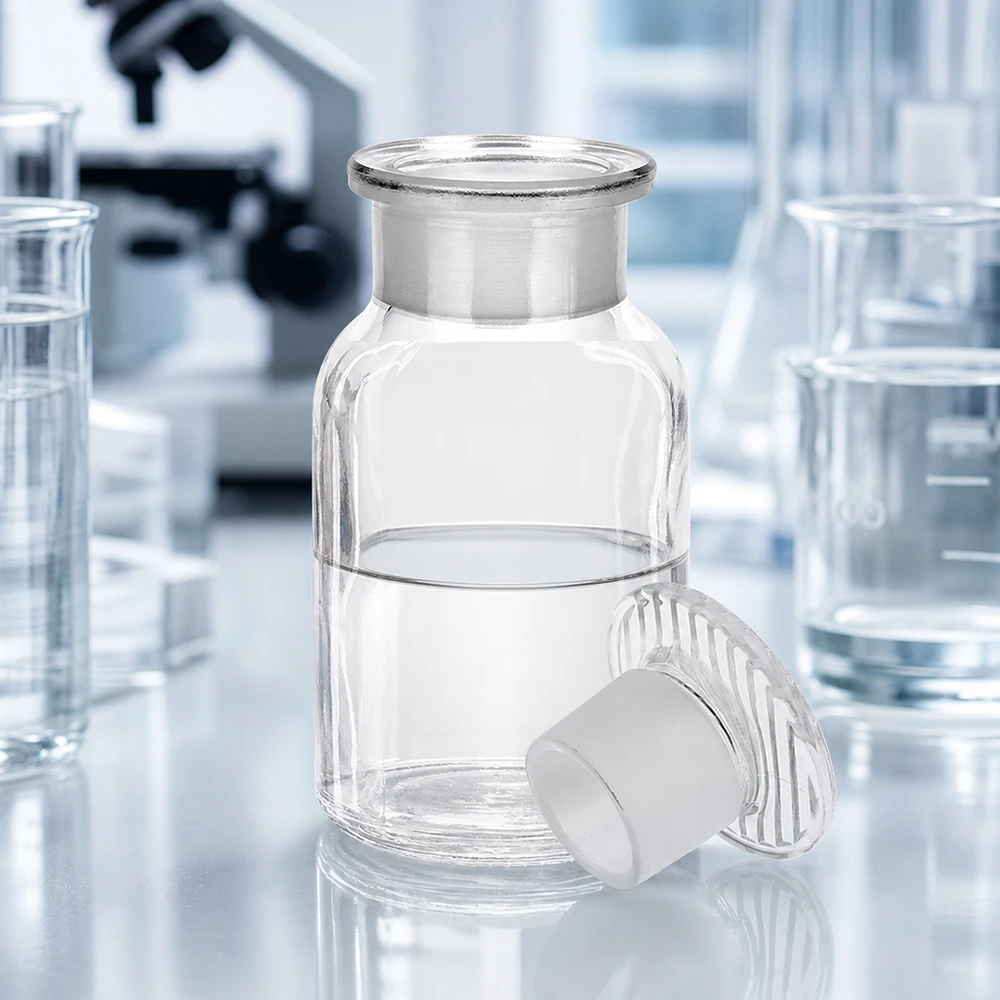 Rundschulterflasche 100ml Weithals klar mit Glasstopfen für Labor und Gewerbe bei Pacadura