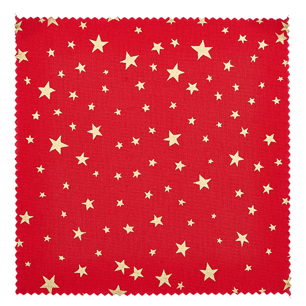 Rotes Stoffdeckchen mit goldenen Sternen Muster Nahaufnahme 12cm quadratisch Schmuckdeckchen Detail