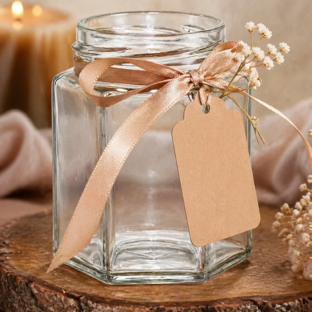 Leeres 6-eckiges Einmachglas 196ml mit Schraubverschluss, dekoriert mit beigem Band und Anhänger auf Holzuntergrund