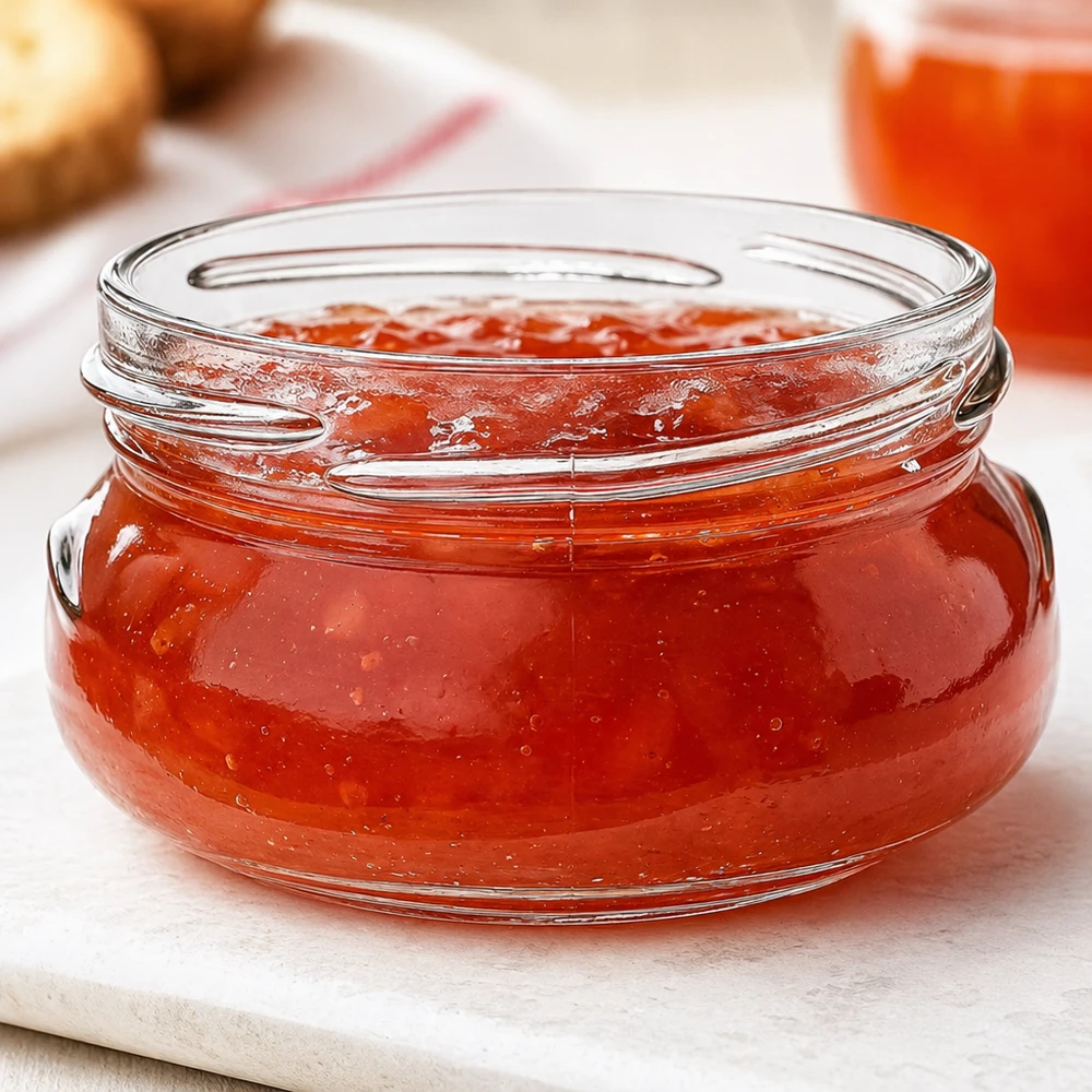 UNiTWIST Terrina120 Terrinenglas 120ml TO70 mit roter Marmelade gefüllt auf weißem Holzbrett