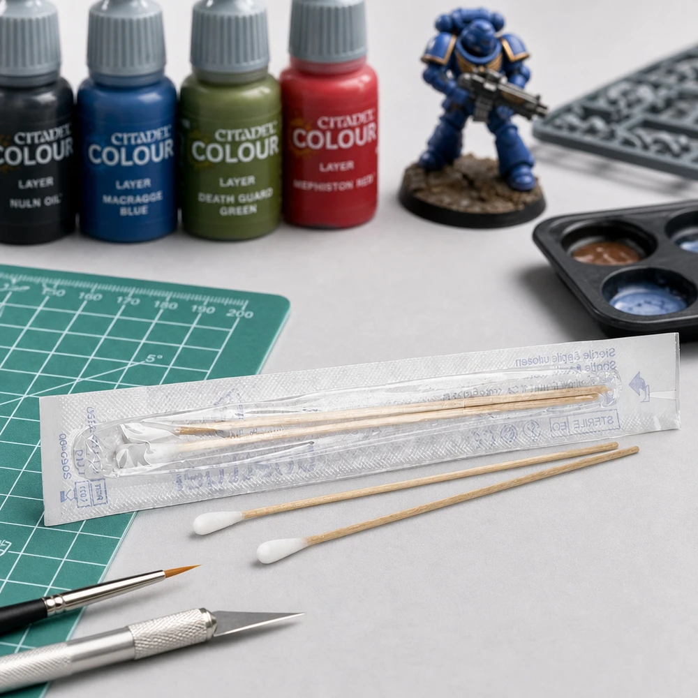 Wattestäbchen STERIL (2 Sück) Sterile Wattestäbchen 2 Stück einzeln verpackt für professionelle Miniaturmalerei Modellbau Citadel Colour