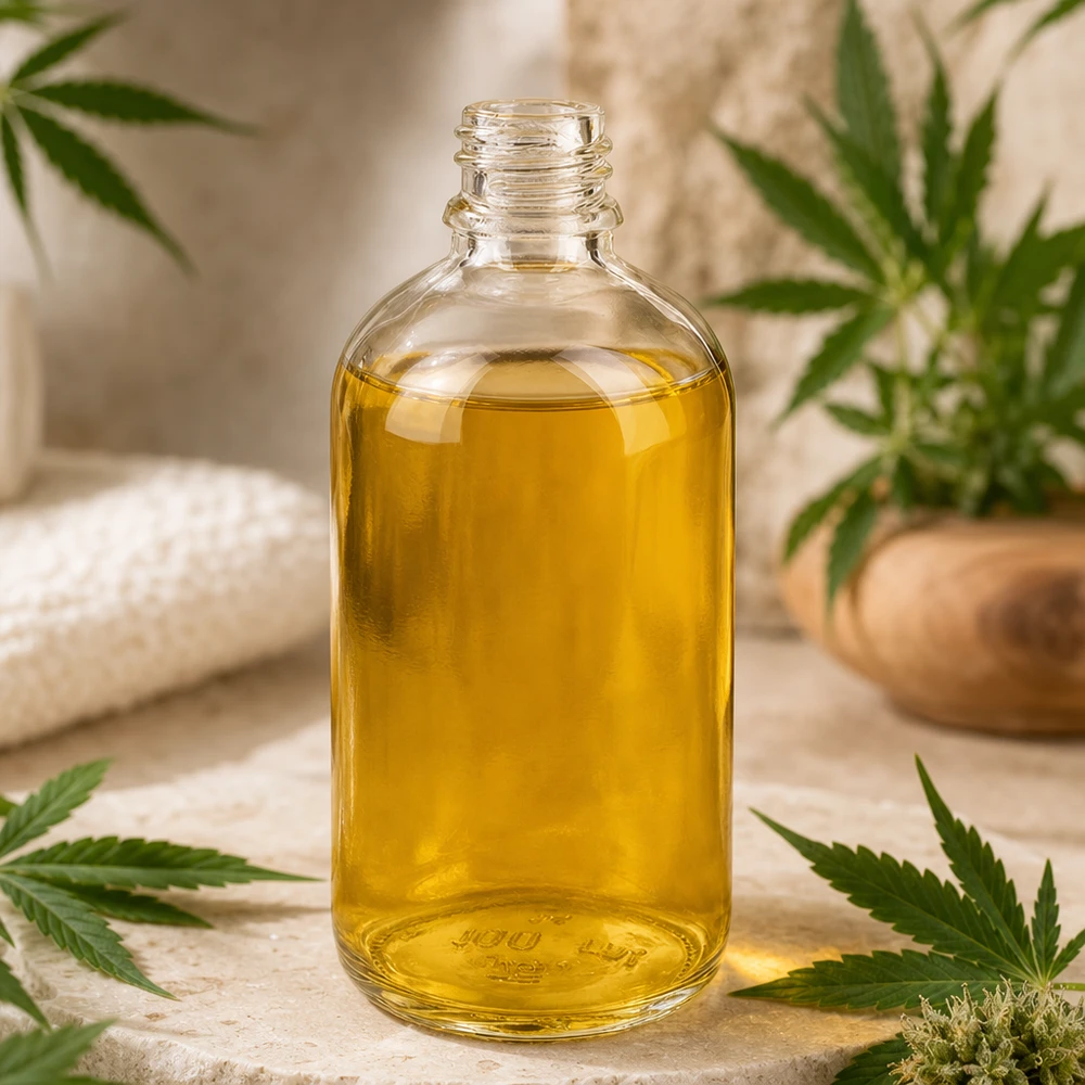 100ml Apothekerflasche ClearLine DIN18 aus Klarglas mit gelbem CBD-Öl gefüllt für professionelle Abfüllung