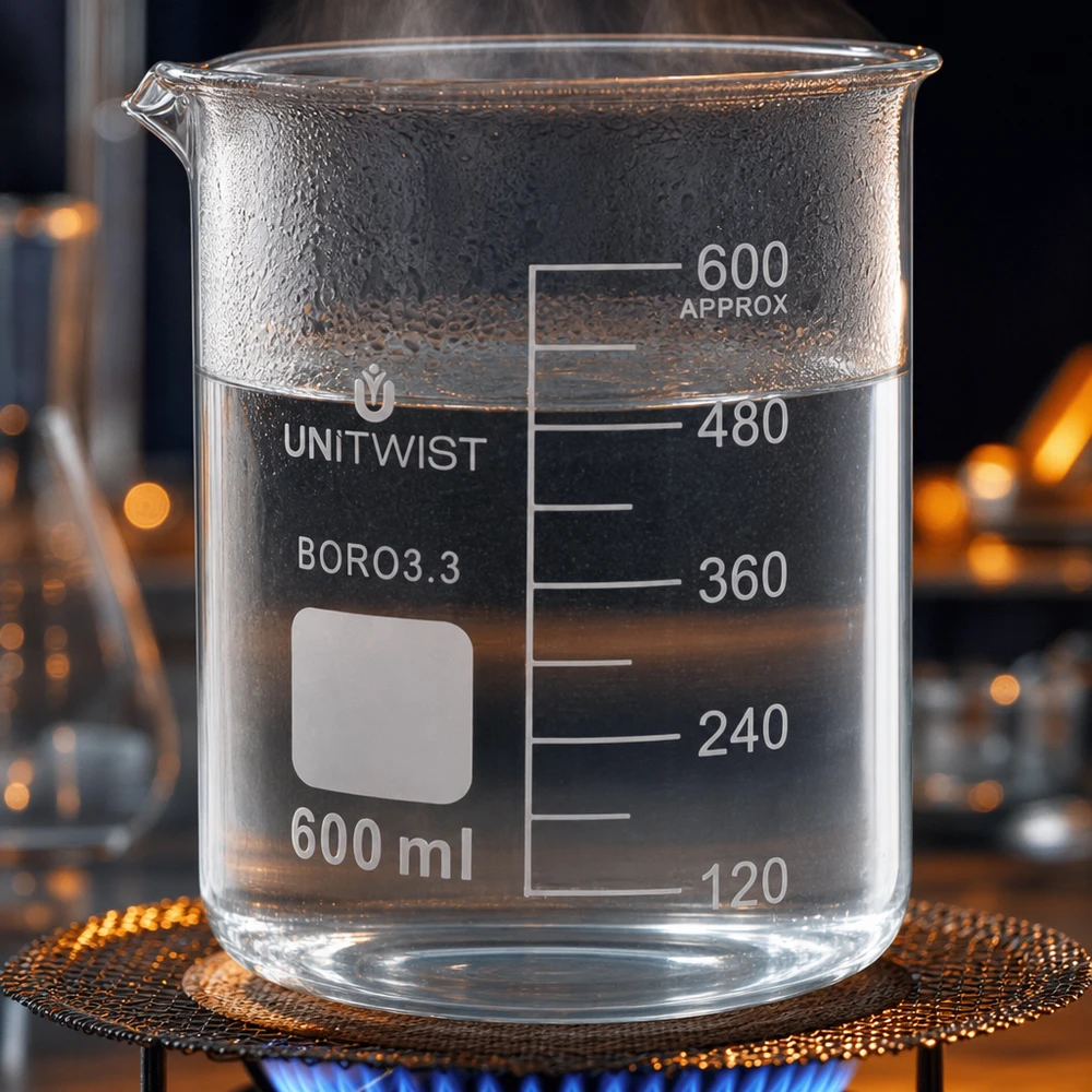 Becherglas 600ml Borosilikat 3.3 niedrige Form UNiTWIST auf Gasbrenner erhitzt für Labor und Gewerbe