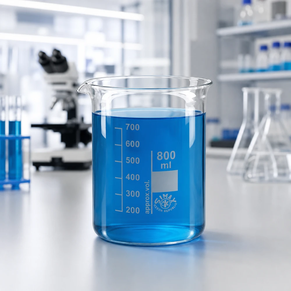 Becherglas 800ml Borosilikatglas niedrige Form für Labor und Industrie mit blauer Flüssigkeit auf Labortisch