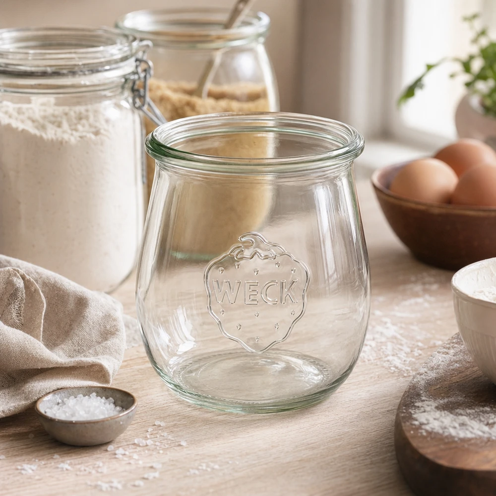 WECK Tulpenglas 220ml RR60 transparent leer in Küchenszenerie mit Mehl Eiern und Backzutaten auf Holztisch
