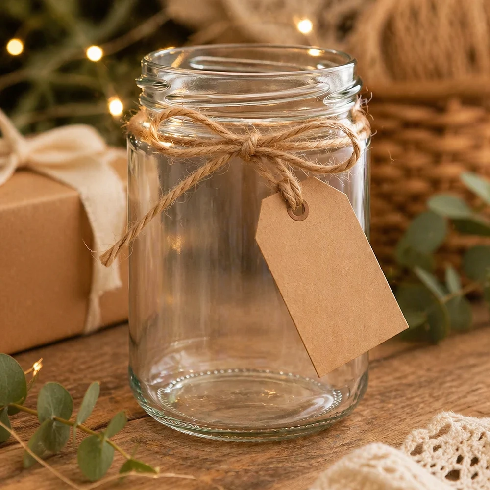 Leeres UNiTWIST Rundglas 390ml TO70 mit Juteschnur und Kraftpapier-Anhänger auf Holztisch dekoriert