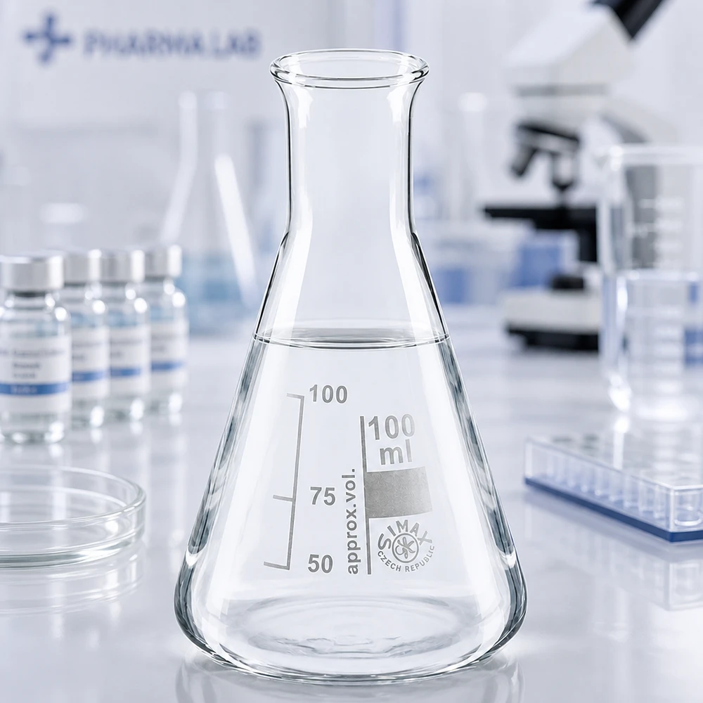 Erlenmeyerkolben 100ml Enghals Erlenmeyerkolben 100ml Enghals aus Borosilikatglas für professionelle Laboranwendungen bei Pacadura