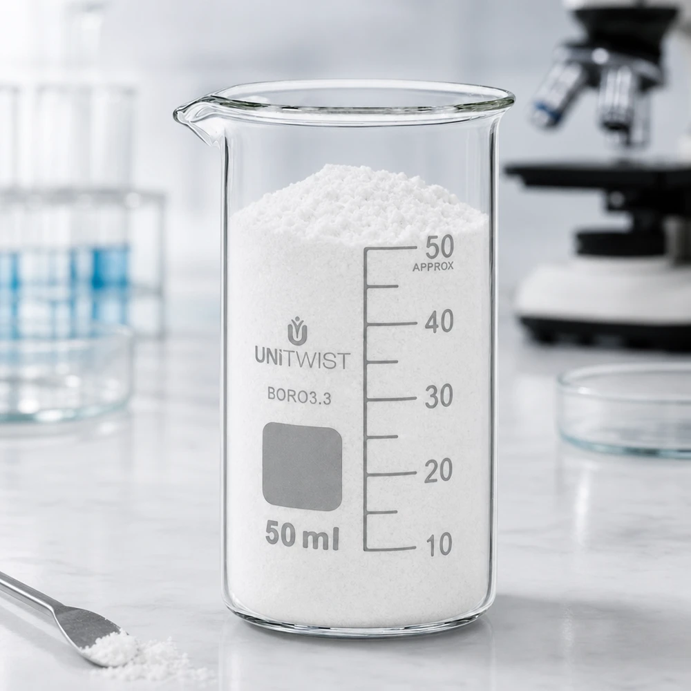 Becherglas 50ml Borosilikat hohe Form UNITWIST mit weißem Pulver im Labor