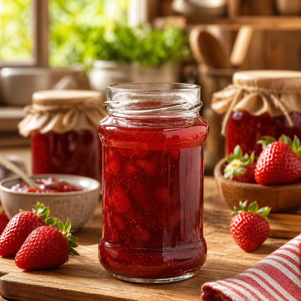 Rundglas 390ml mit Erdbeermarmelade gefüllt auf Holztisch mit frischen Erdbeeren und weiteren Marmeladengläsern im Hinte