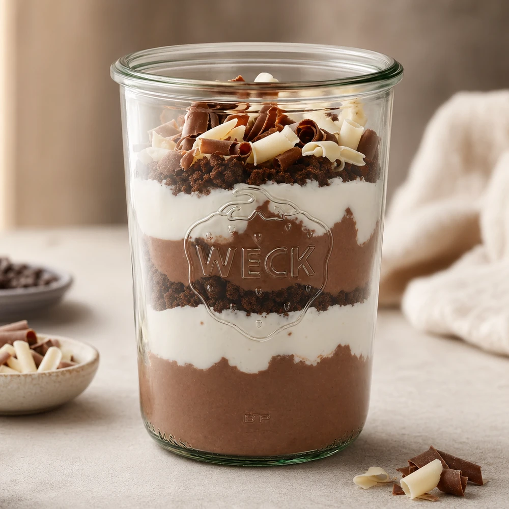 850ml Sturzglas WECK RR100 850ml WECK Sturzglas RR100 mit Schichtdessert aus Schokoladenmousse Sahne und Kekskrümeln befüllt
