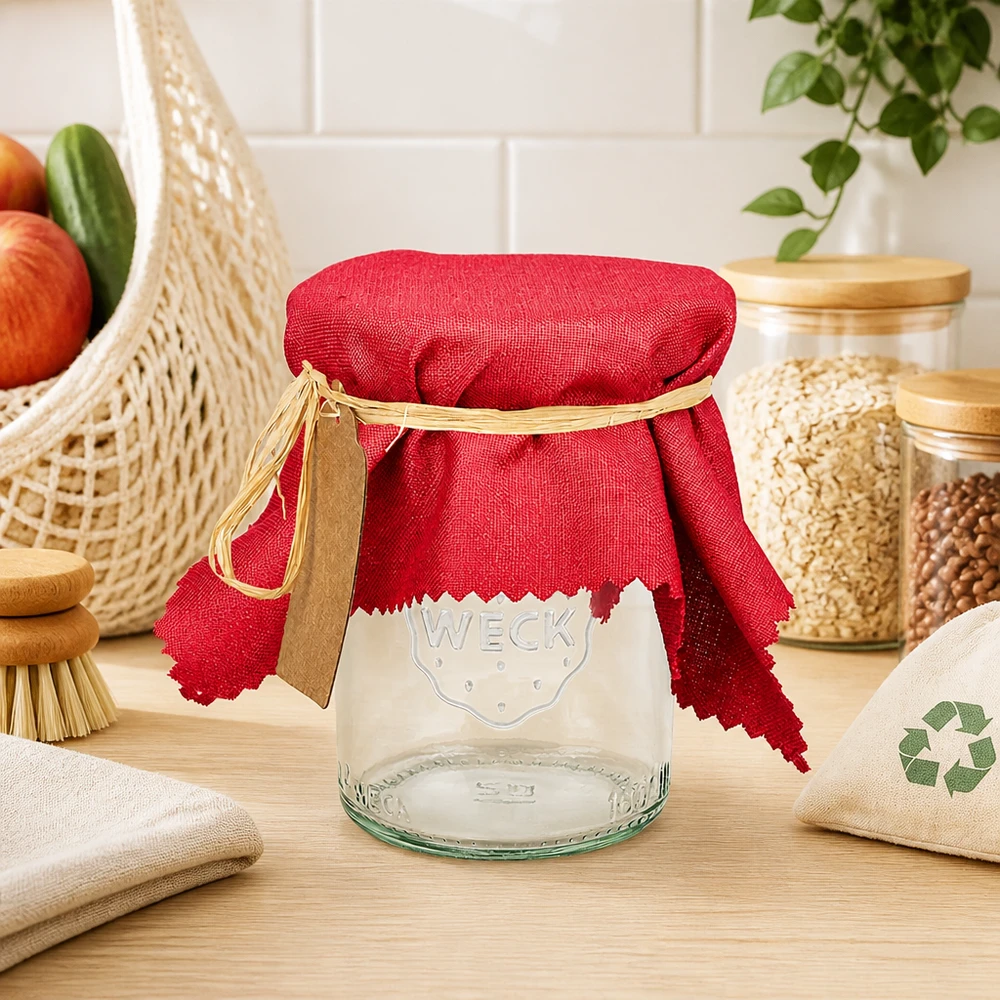 Bordeauxrotes Stoff Schmuckdeckchen 15cm eckig auf WECK Glas in nachhaltiger Zero-Waste Küche mit Naturtextilien