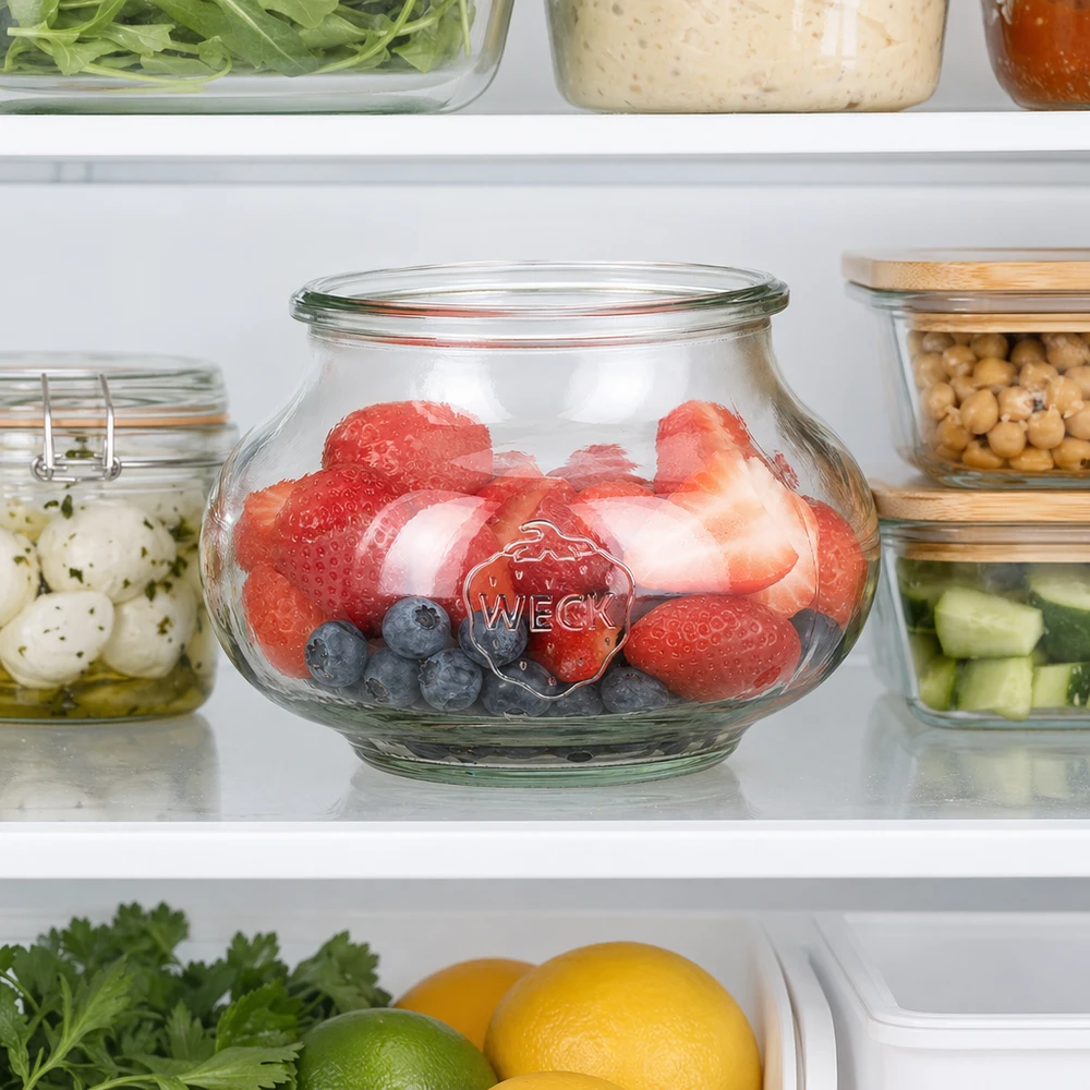 WECK Schmuckglas 560ml RR80 im Kühlschrank mit frischen Erdbeeren und Blaubeeren gefüllt neben Vorratsdosen