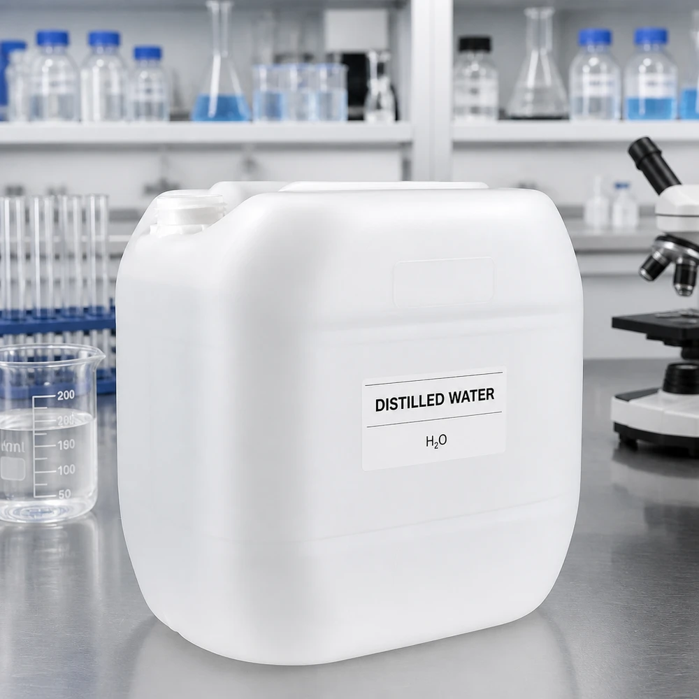 Weißer 30-Liter-HDPE-Kanister für destilliertes Wasser im professionellen Laboreinsatz