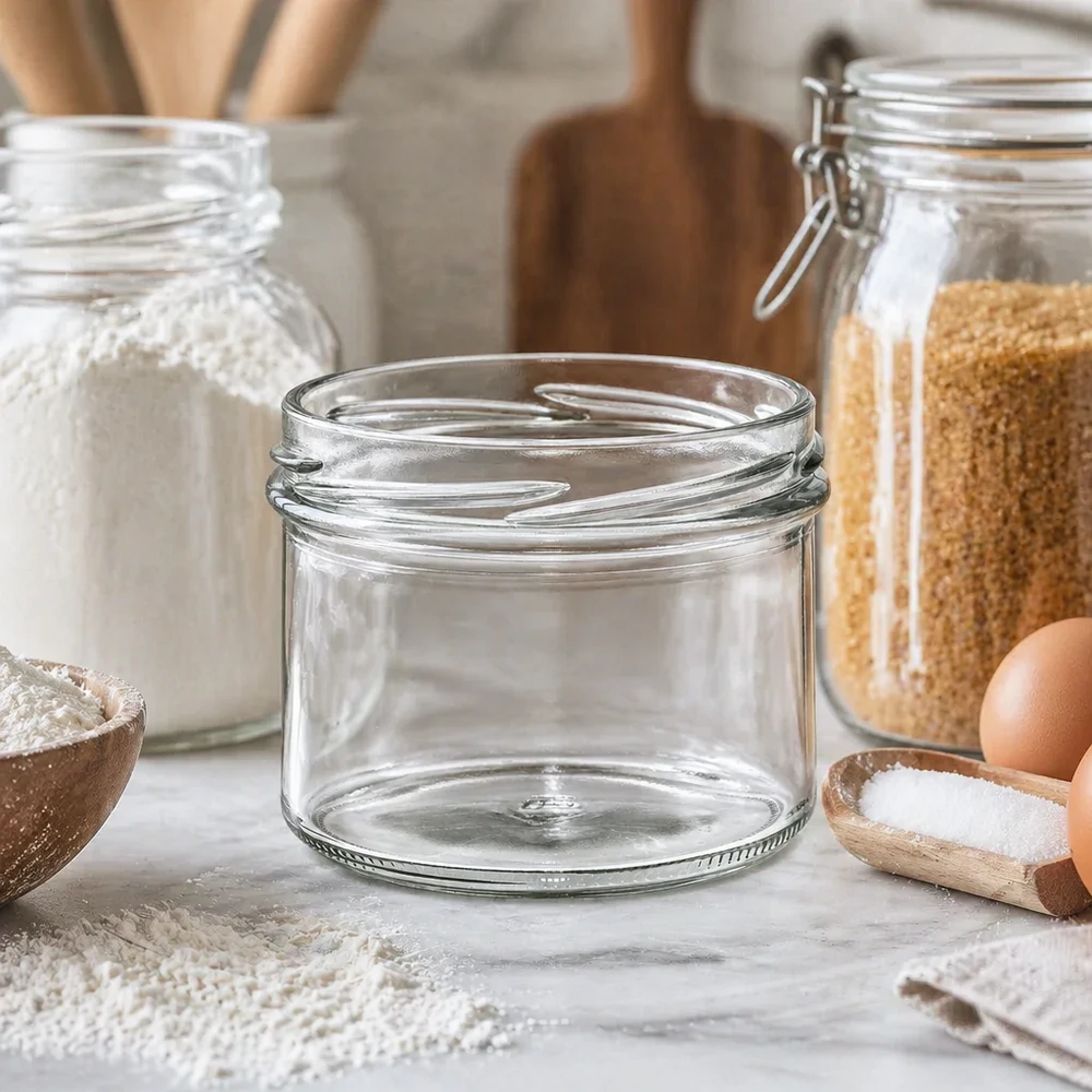 Leeres 225ml Sturzglas TO82 aus Klarglas für gewerbliche Lebensmittelverpackung in professioneller Küchenumgebung