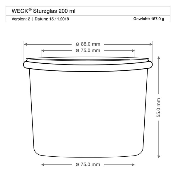 200ml Sturzglas WECK RR80 Technische Zeichnung WECK Sturzglas 200ml RR80 mit Maßangaben 88mm Durchmesser, 55mm Höhe, Gewicht 157g