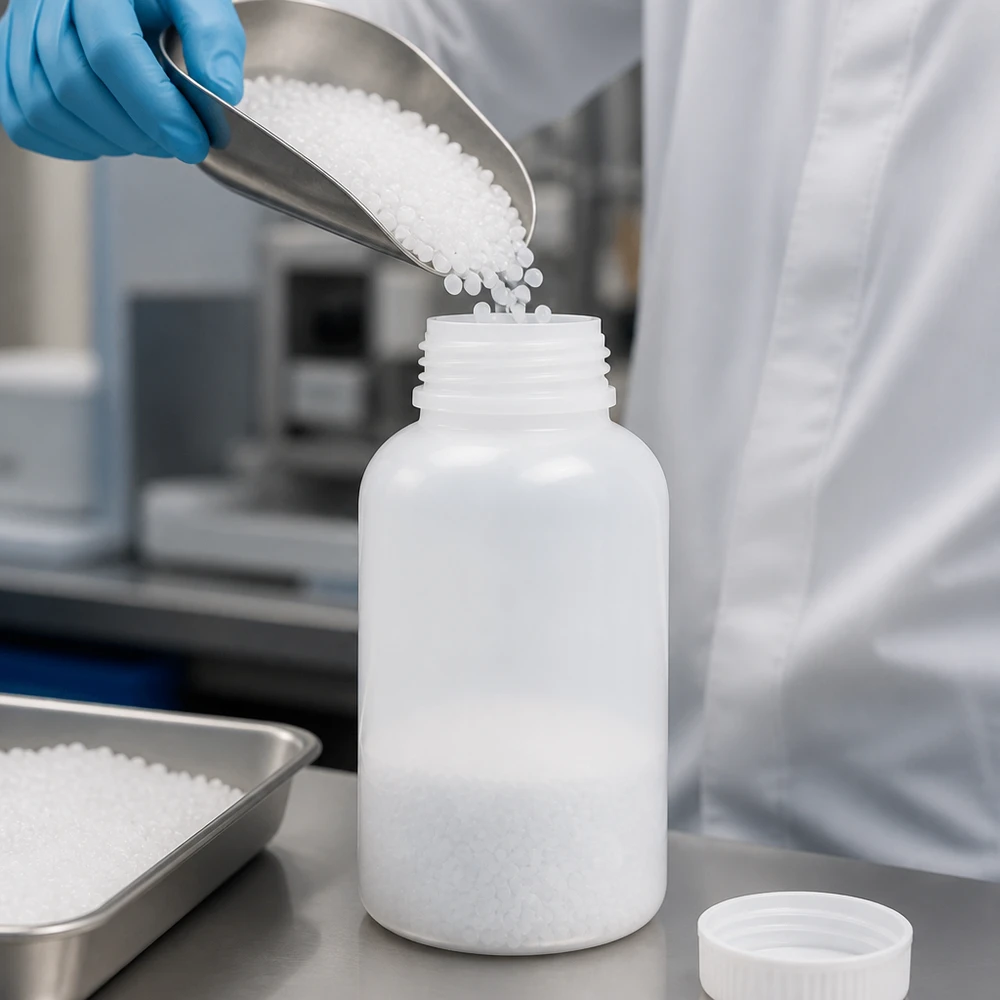 500ml Weithals-Laborflasche aus HDPE für professionelle Laboranwendungen beim Befüllen mit Granulat