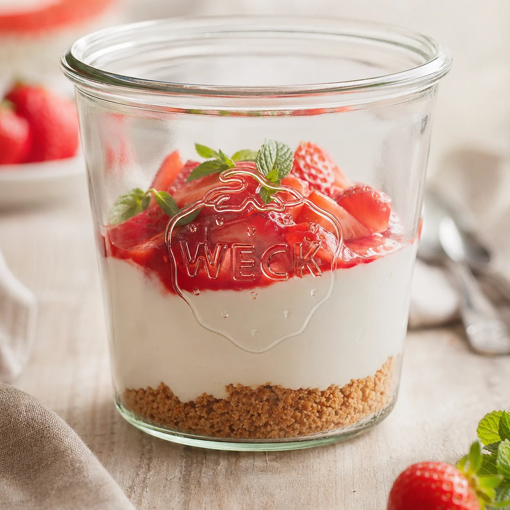 WECK Sturzglas 580ml RR100 mit Erdbeeren und Joghurt gefüllt als Dessert im Glas auf Holztisch