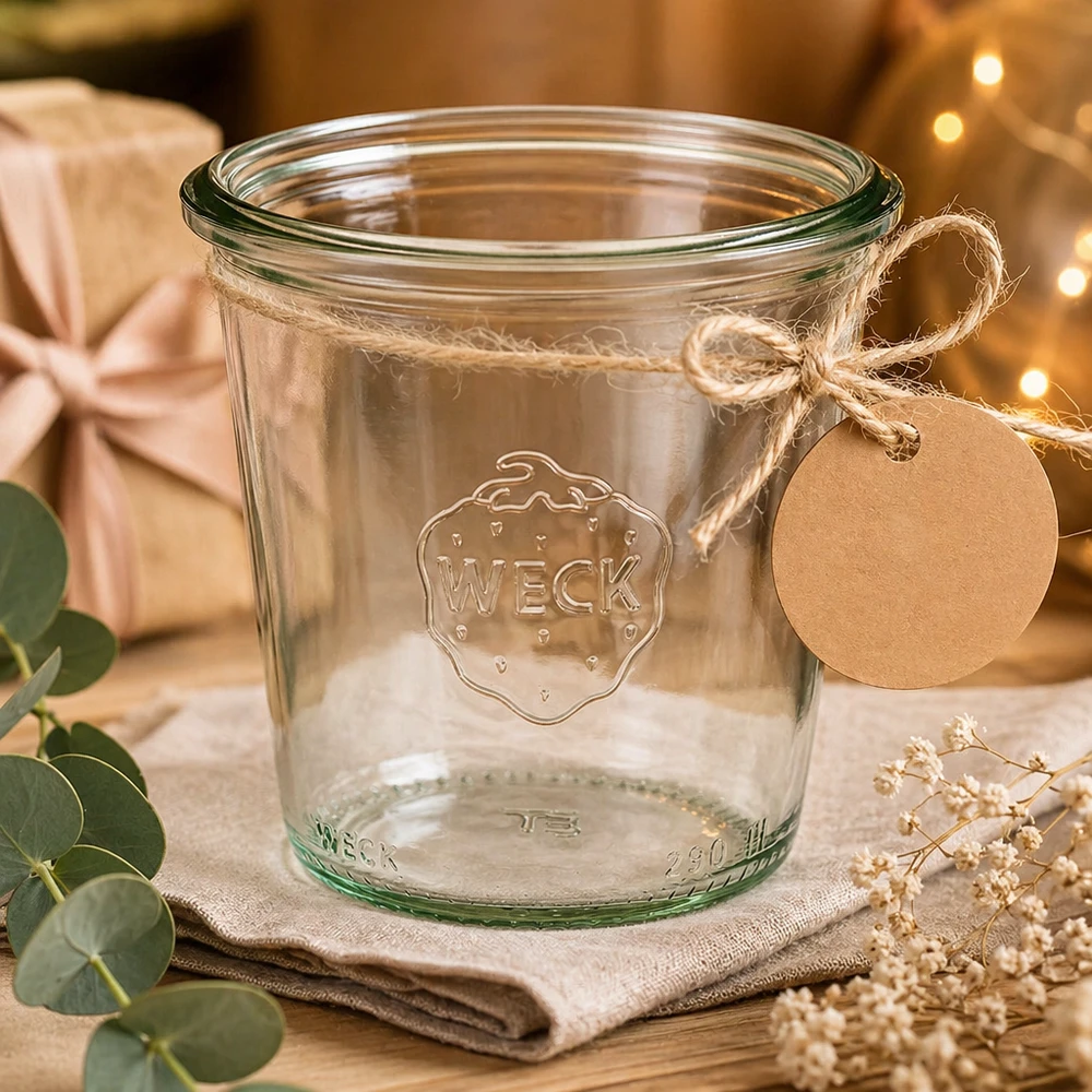 WECK Sturzglas 290ml RR80 hoch mit Deckel und Geschenkanhänger auf rustikalem Holztisch dekoriert