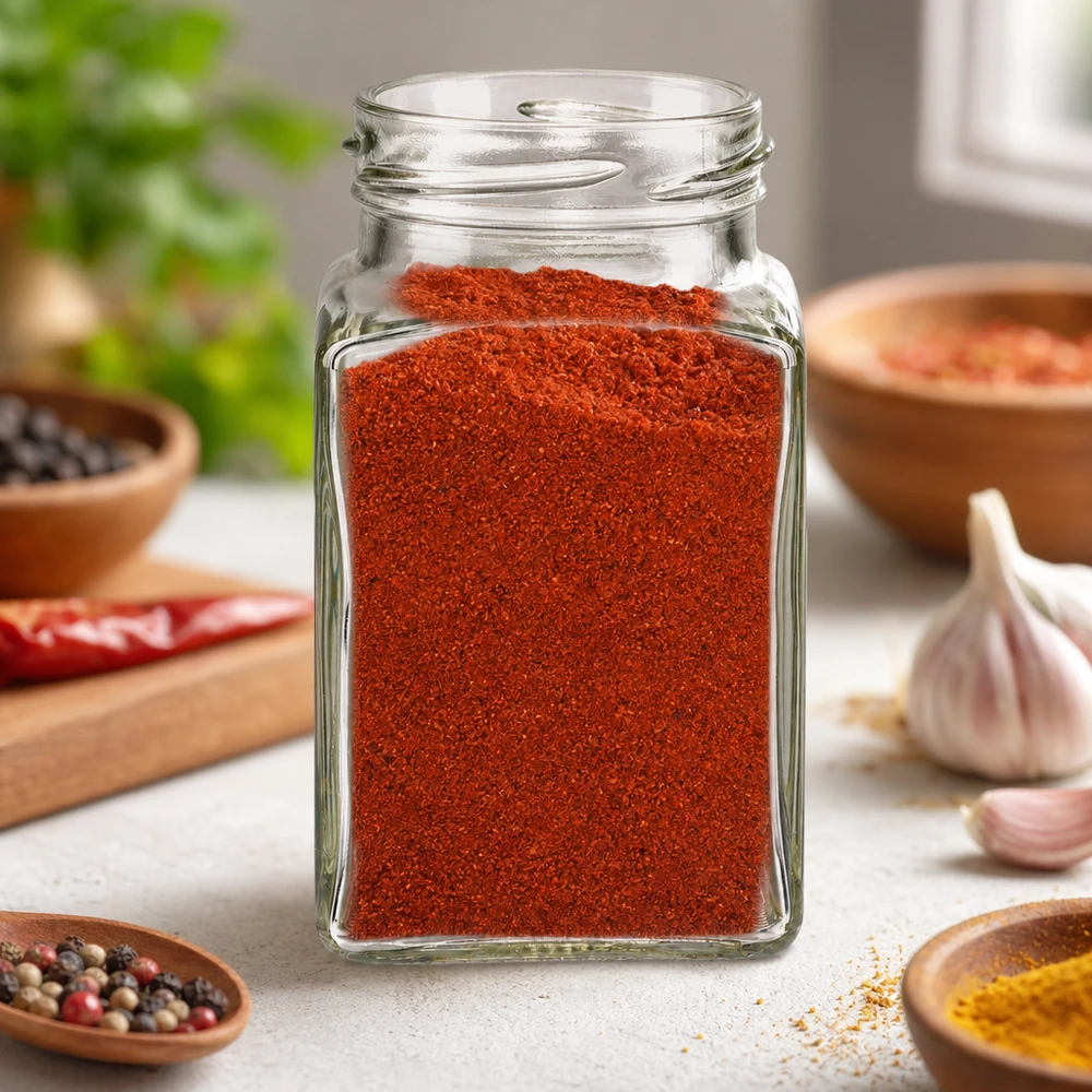 UNiTWIST Tetra260 4-Eckglas 260ml mit rotem Paprika-Pulver gefüllt in Küche mit Gewürzen und Knoblauch