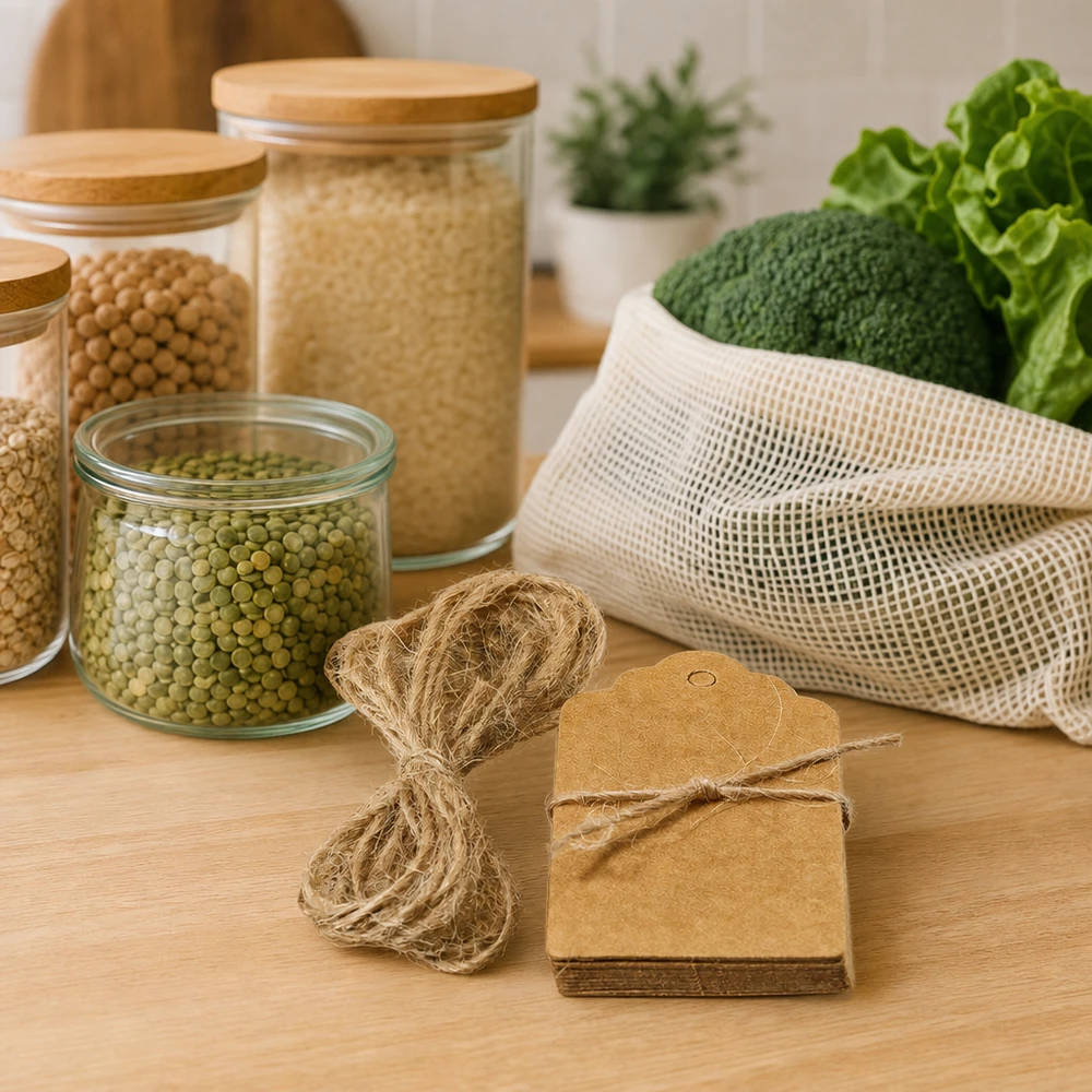 Nachhaltige Kraftpapier-Etiketten mit Naturfaserkordel neben Zero-Waste Produkten und Mesh-Beutel für plastikfreie Küche