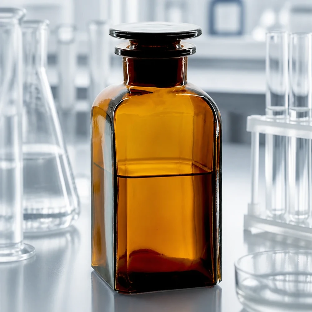Vierkantflasche 350ml braun Weithals Glasstopfen Vierkantflasche 350ml Braunglas Weithals mit Glasstopfen für professionellen Laboreinsatz