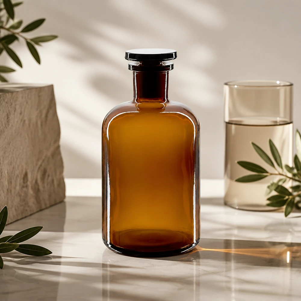 Braune Enghals-Rundschulterflasche 500ml aus Glas mit Glasstopfen für professionellen Laboreinsatz