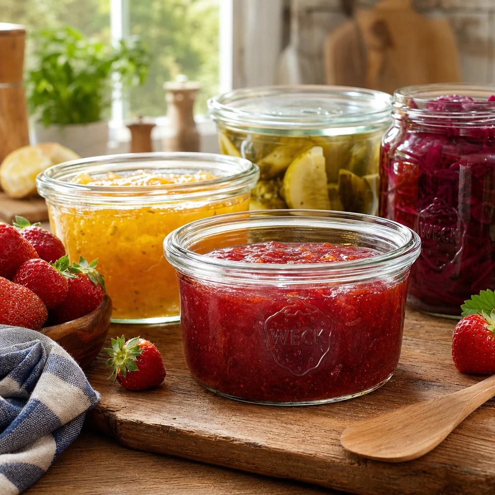 WECK 165ml Sturzglas RR80 mit Erdbeermarmelade auf Holzbrett neben anderen Einmachgläsern mit Konfitüre und frischen Erd