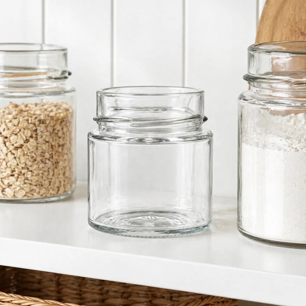 UNiTWIST Runda135 Rundglas 135ml TO58deep leeres Glasgefäß für Küche Aufbewahrung neben gefüllten Vorratsgläsern