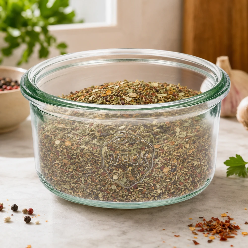 WECK Sturzglas 165ml RR80 mit Kräutern gefüllt auf Küchentheke mit Gewürzen und Pflanzen im Hintergrund