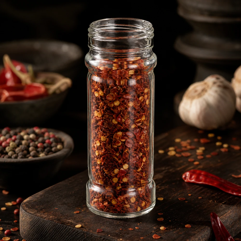 Salz/-Gewürzglas Mary 100ml, Gewinde 41mm Klarglas Gewürzglas Mary 100ml Klarglas 41mm Gewinde gefüllt mit Chiliflocken für gewerblichen Einsatz