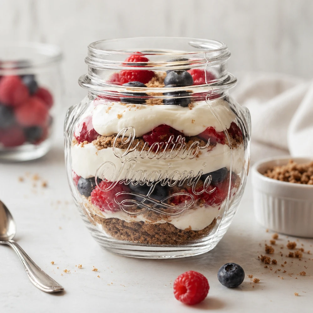 300ml Quattro Stagioni Haushaltsglas mit Schichtdessert aus Beeren, Creme und Kekskrümeln gefüllt