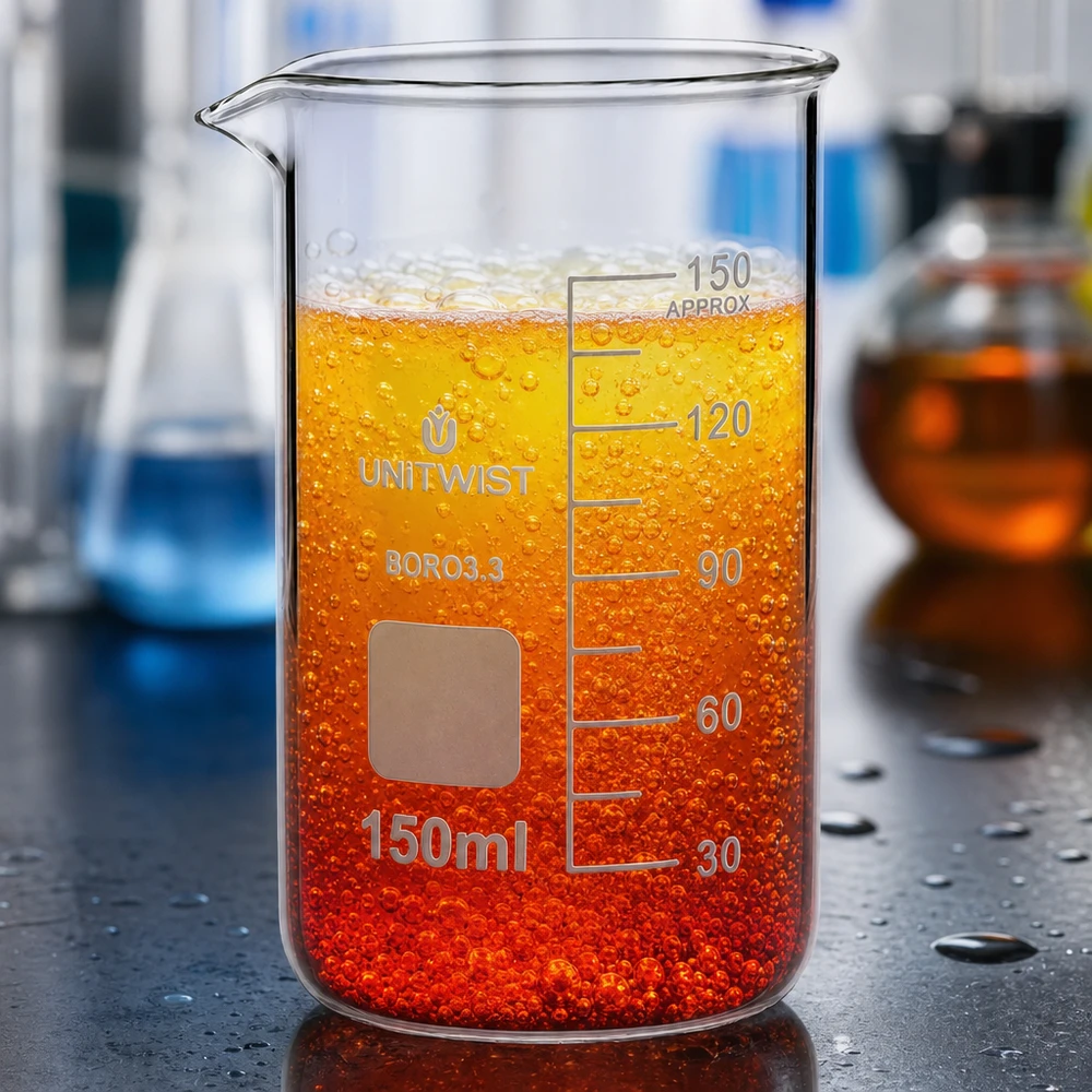 Becherglas 150ml Borosilikat hohe Form UNITWIST mit orangefarbener Reaktionslösung im Labor