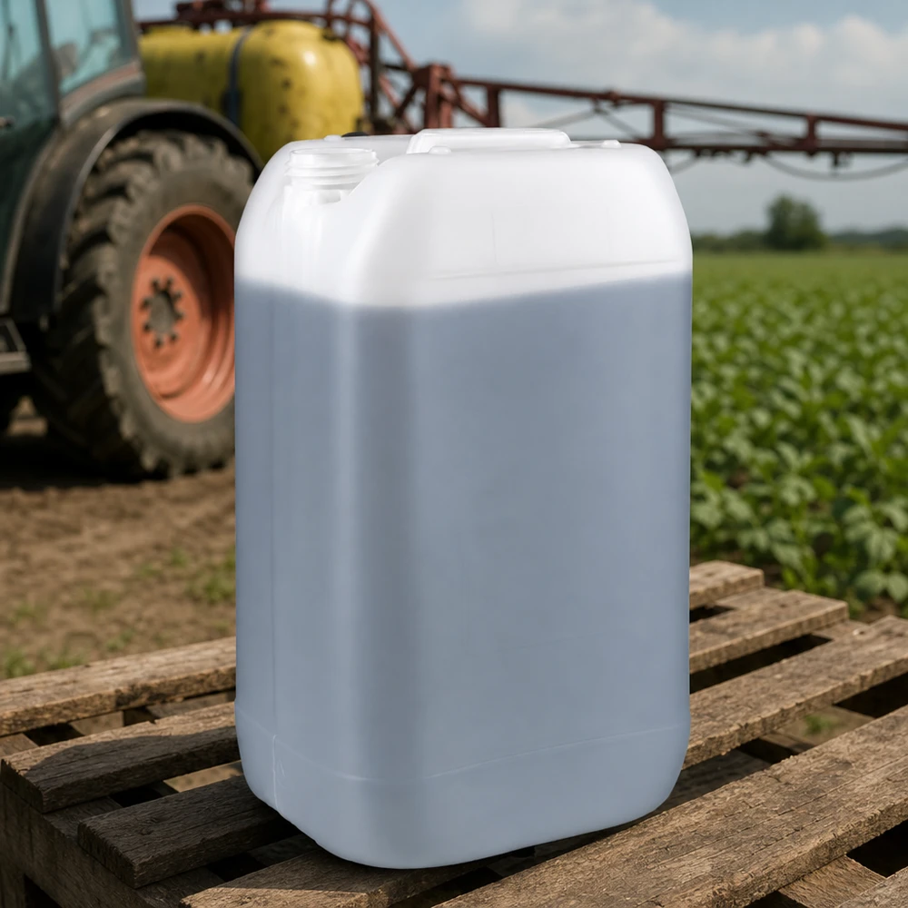 Kanister 15 Liter ohne Verschluss Weißer 15 Liter Kunststoffkanister ohne Verschluss auf Holzpalette vor landwirtschaftlichem Sprühgerät