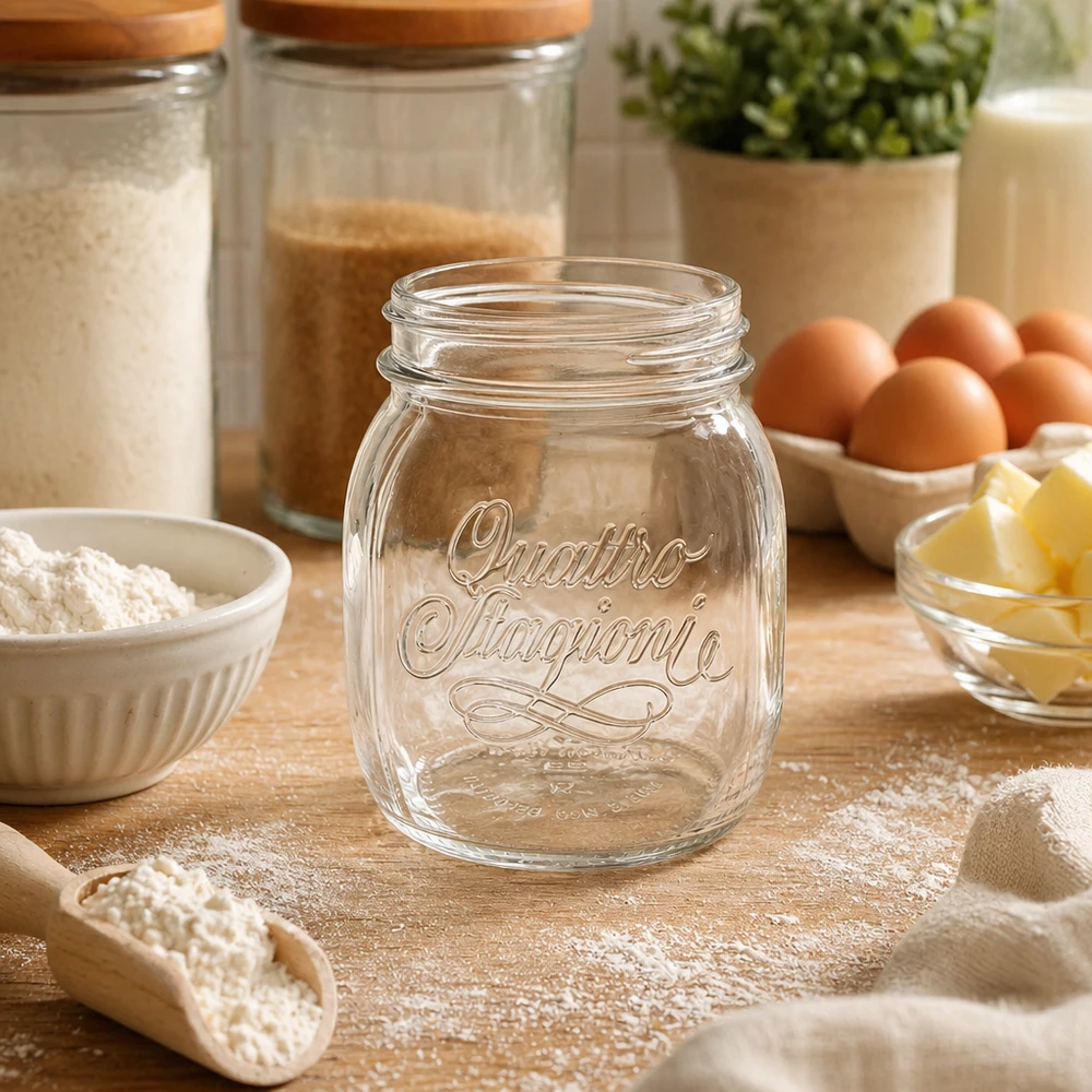 700ml Quattro Stagioni Haushaltsglas leer auf Holztisch umgeben von Backzutaten Mehl Eiern und Butter in Küche