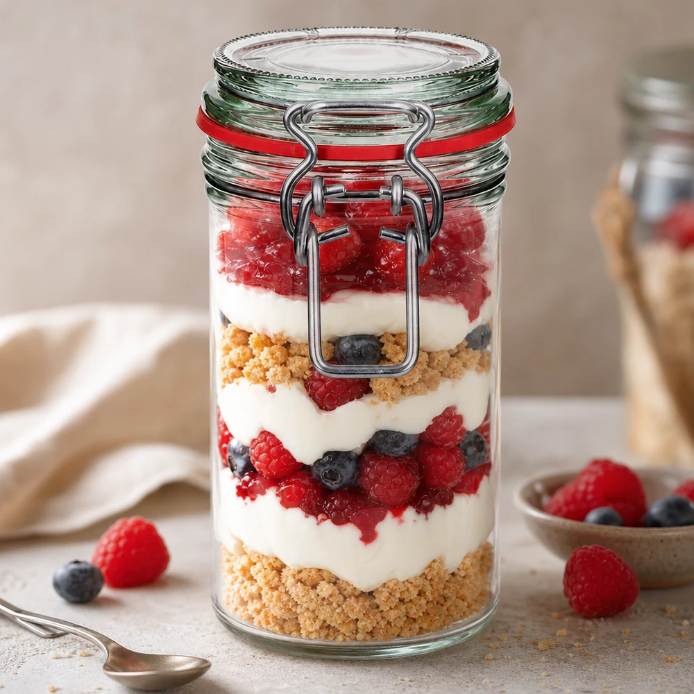 272ml Vorratsglas mit Bügelverschluss als Dessertglas für Beeren-Joghurt-Schichtdessert im professionellen Gastronomieei