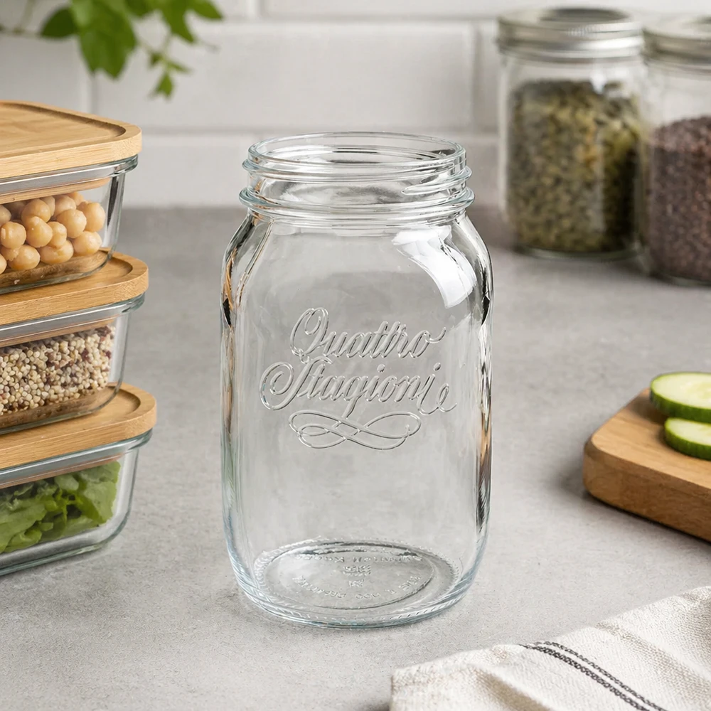 1000ml Rundglas "Quattro Stagioni" QS86mm 1000ml Quattro Stagioni Haushaltsglas leer auf Küchentheke mit Vorratsgläsern und Holzbrettchen im Hintergrund