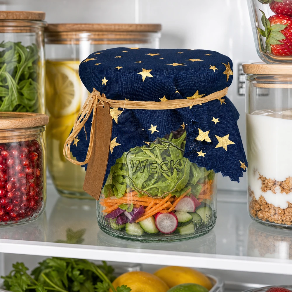 Blaues Schmuckdeckchen mit Sternenprint auf Salatglas im Kühlschrank - praktisches Stoffdeckchen 15cm eckig