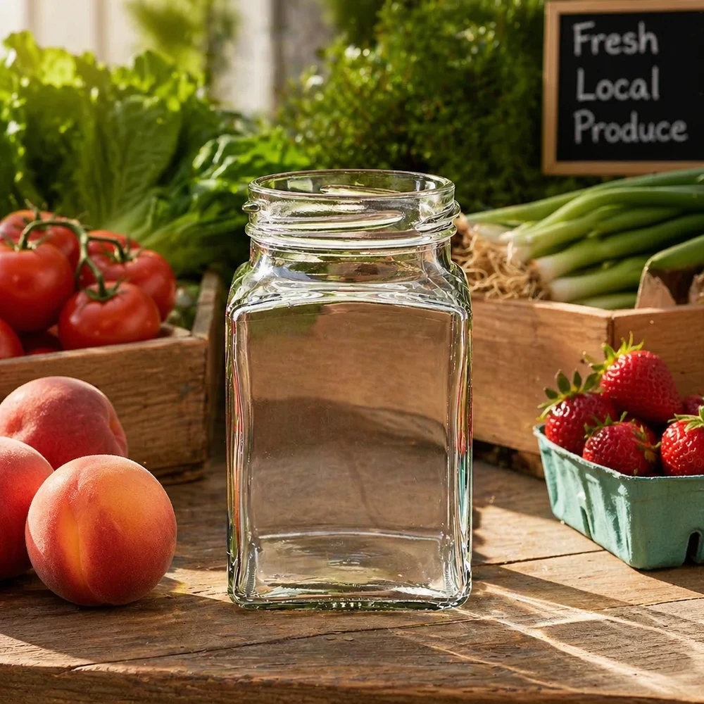 UNiTWIST Tetra260 4-Eckglas 260ml TO58 Einmachglas zwischen frischem Obst und Gemüse auf Holztisch