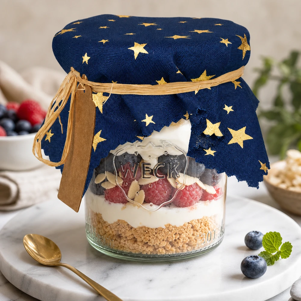 Blaues Stoffdeckchen mit goldenen Sternen auf Dessertglas - professionelle Gastronomie Abdeckung 15cm eckig